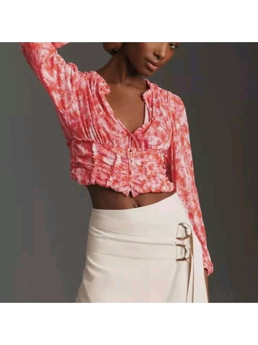 Anthropologie Button Front Ruched Crop Bell Sleeve Blouse size L